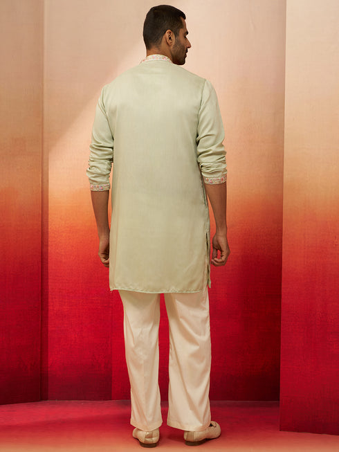 Men's Pista Green Embroidered Kurta with Palazzo
